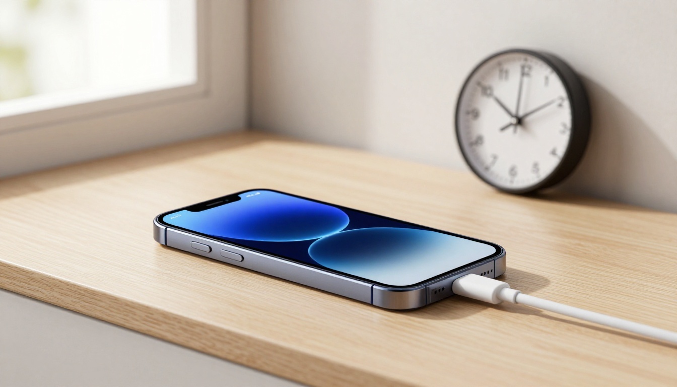 Smartphone charging on a desk with morning light