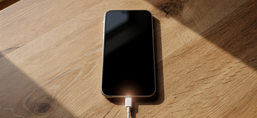 Smartphone connected to charger on table