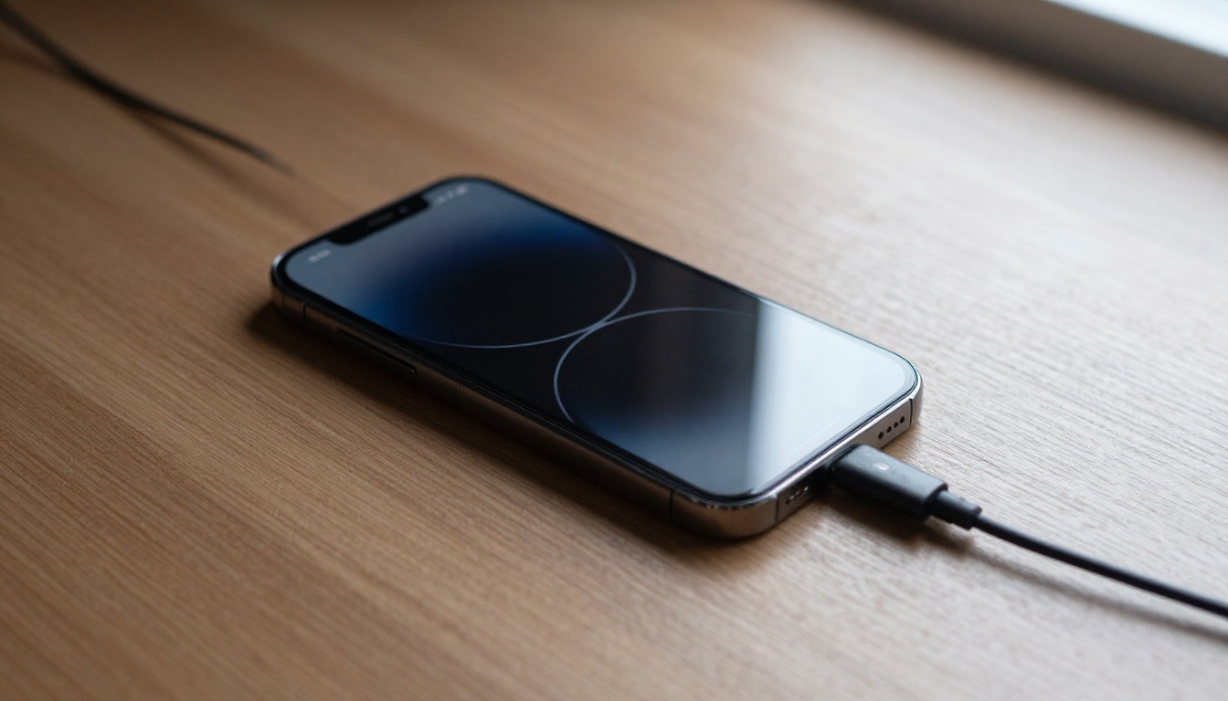 Phone on table with dark screen and charger