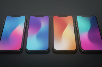 Four smartphones with colorful screens