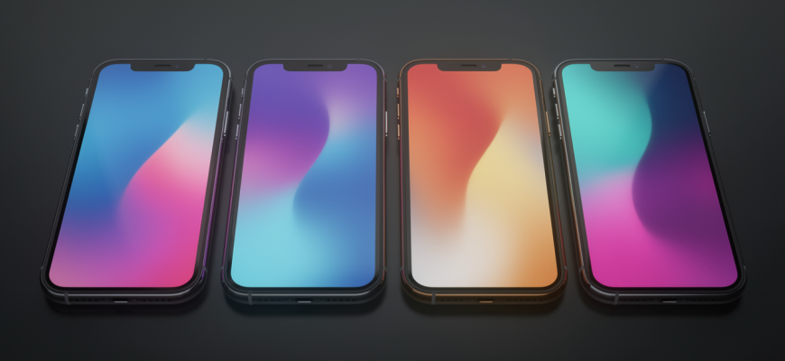 Four smartphones with colorful screens