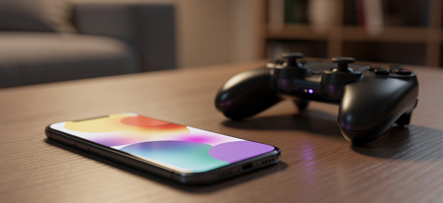Smartphone with game controller on desk