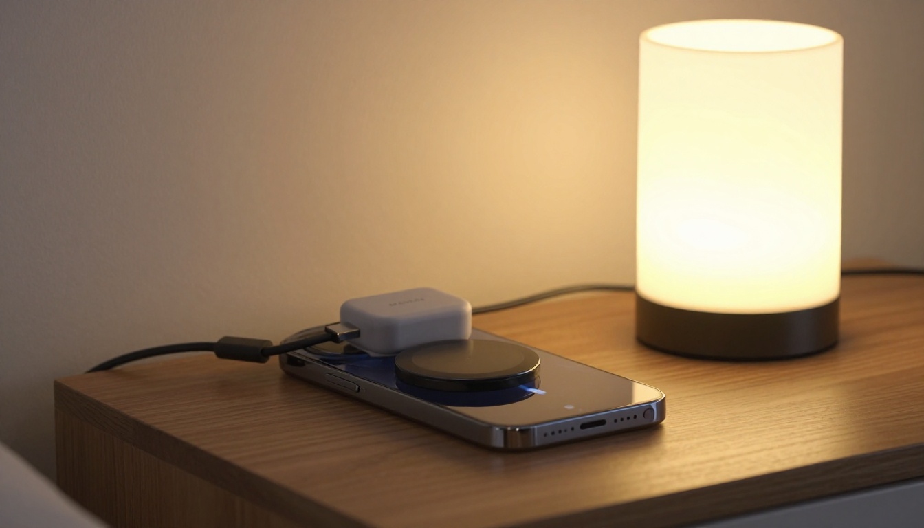 Smartphone with MagSafe charger on nightstand