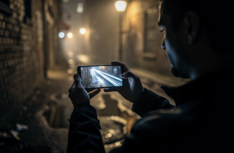 Person using smartphone night mode in dark alley
