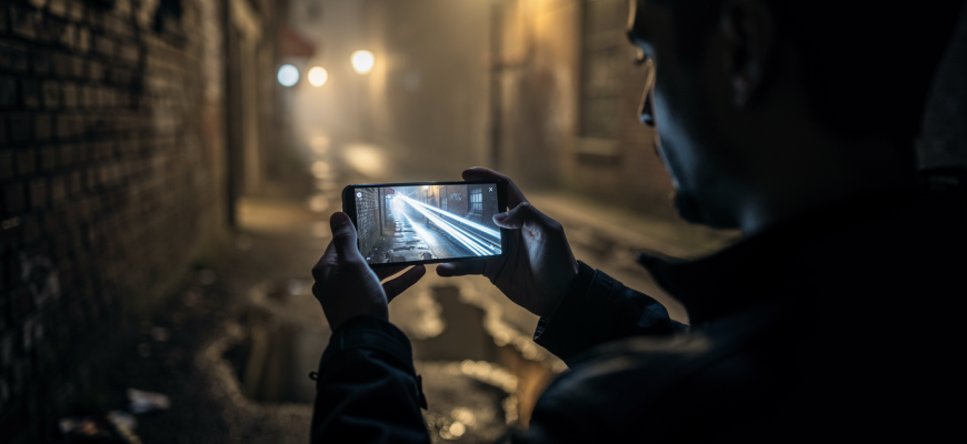 Person using smartphone night mode in dark alley