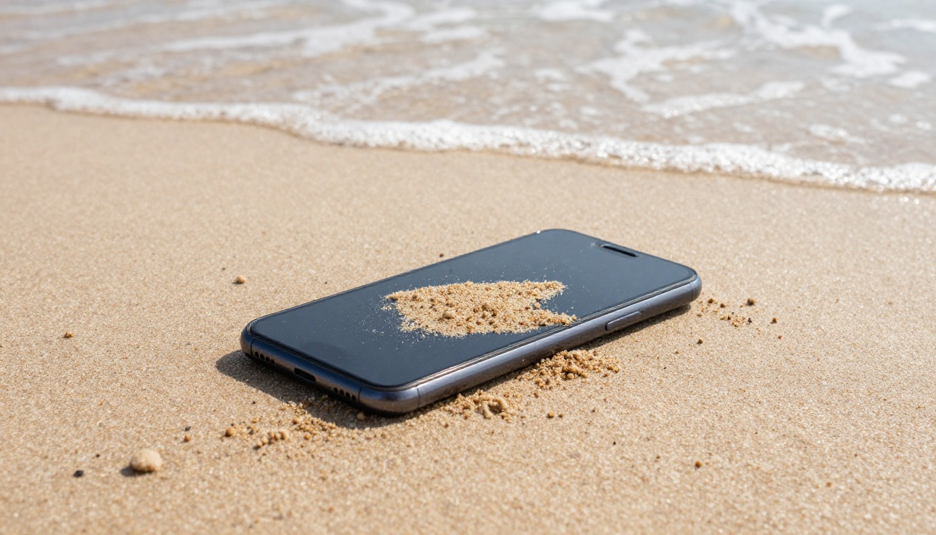 Smartphone on sandy beach with incoming wave