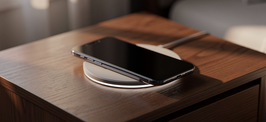 Smartphone on wireless charger in dim room