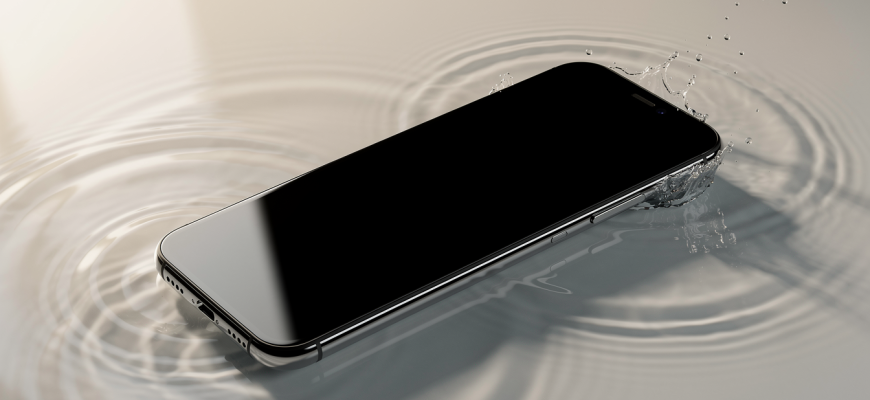 Smartphone partially submerged in water with ripples