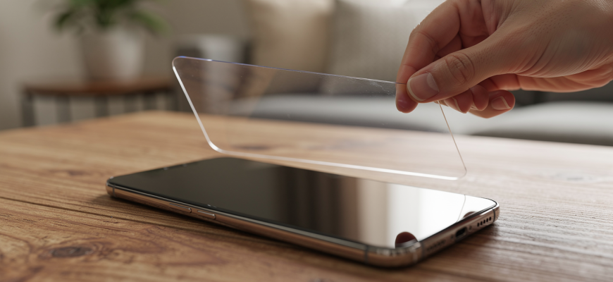Smartphone with screen protector on table