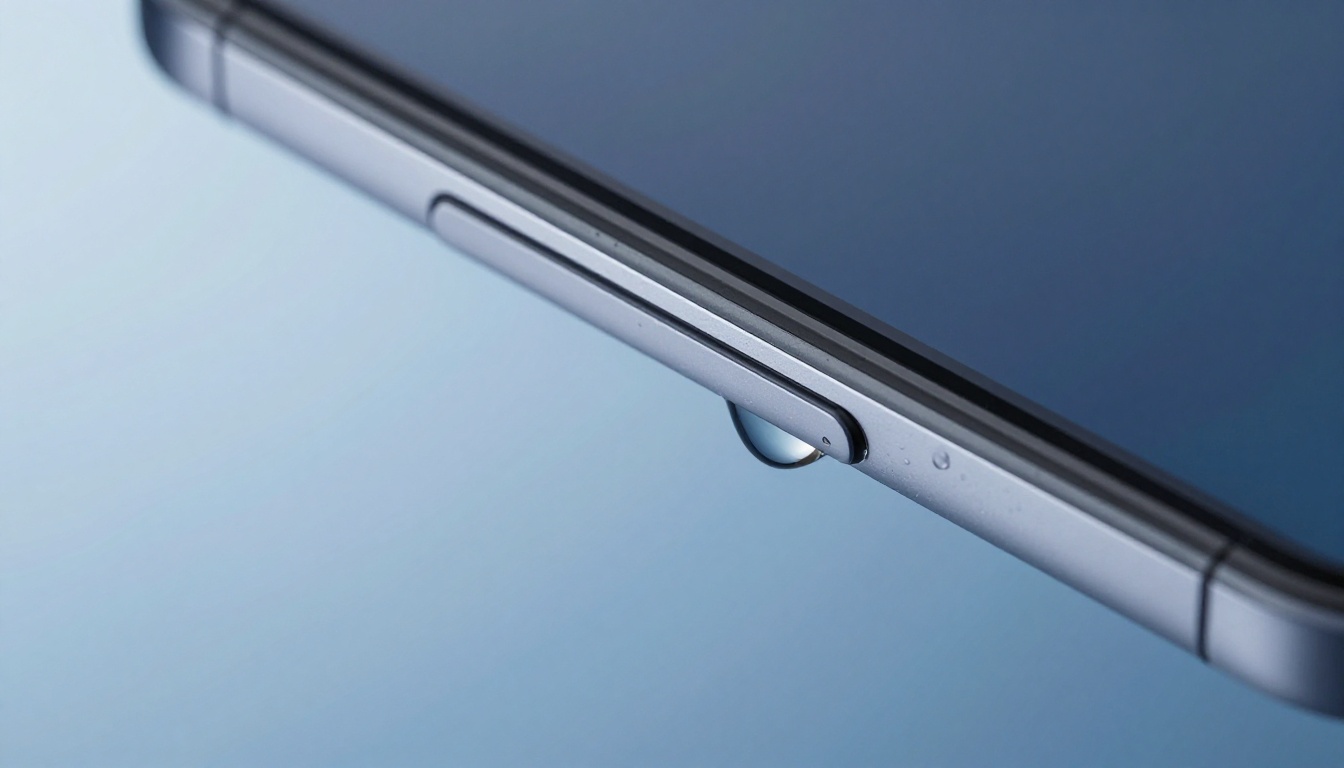 Close-up of smartphone seal with water droplet