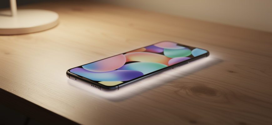 Smartphone on desk with abstract glowing screen