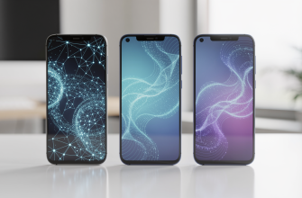 Three smartphones with glowing AI patterns