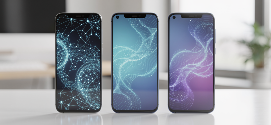 Three smartphones with glowing AI patterns