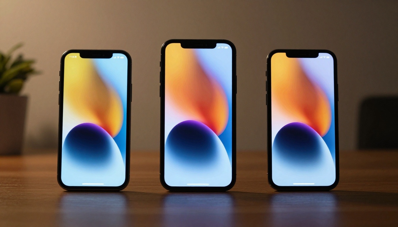 Different smartphones displaying abstract screens in low light