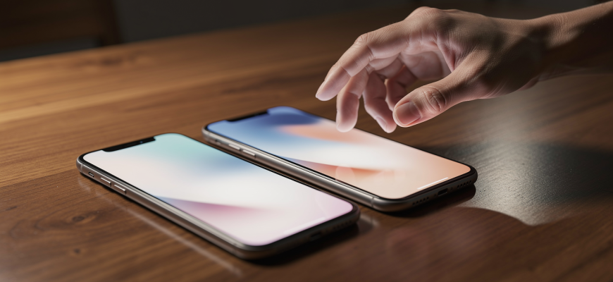 Two smartphones on a table in low light