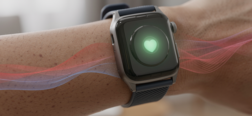 Smartwatch with microvascular sensor glowing on wrist