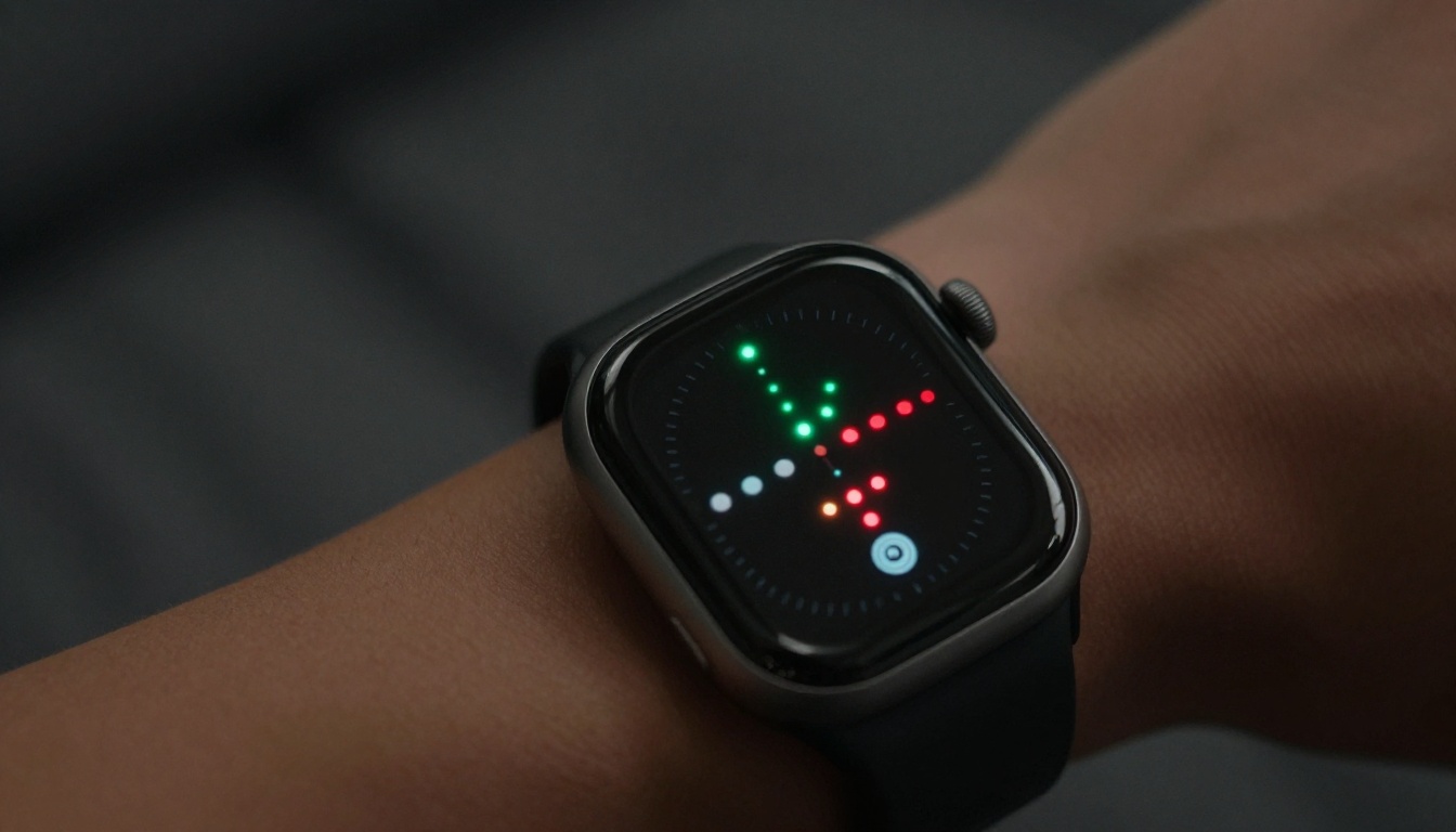 Smartwatch optical sensor glowing on wrist
