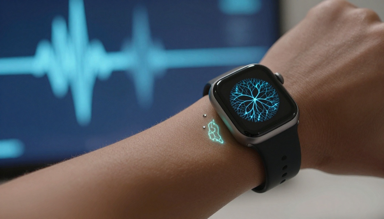 Close-up of smartwatch sensor analyzing microcirculation