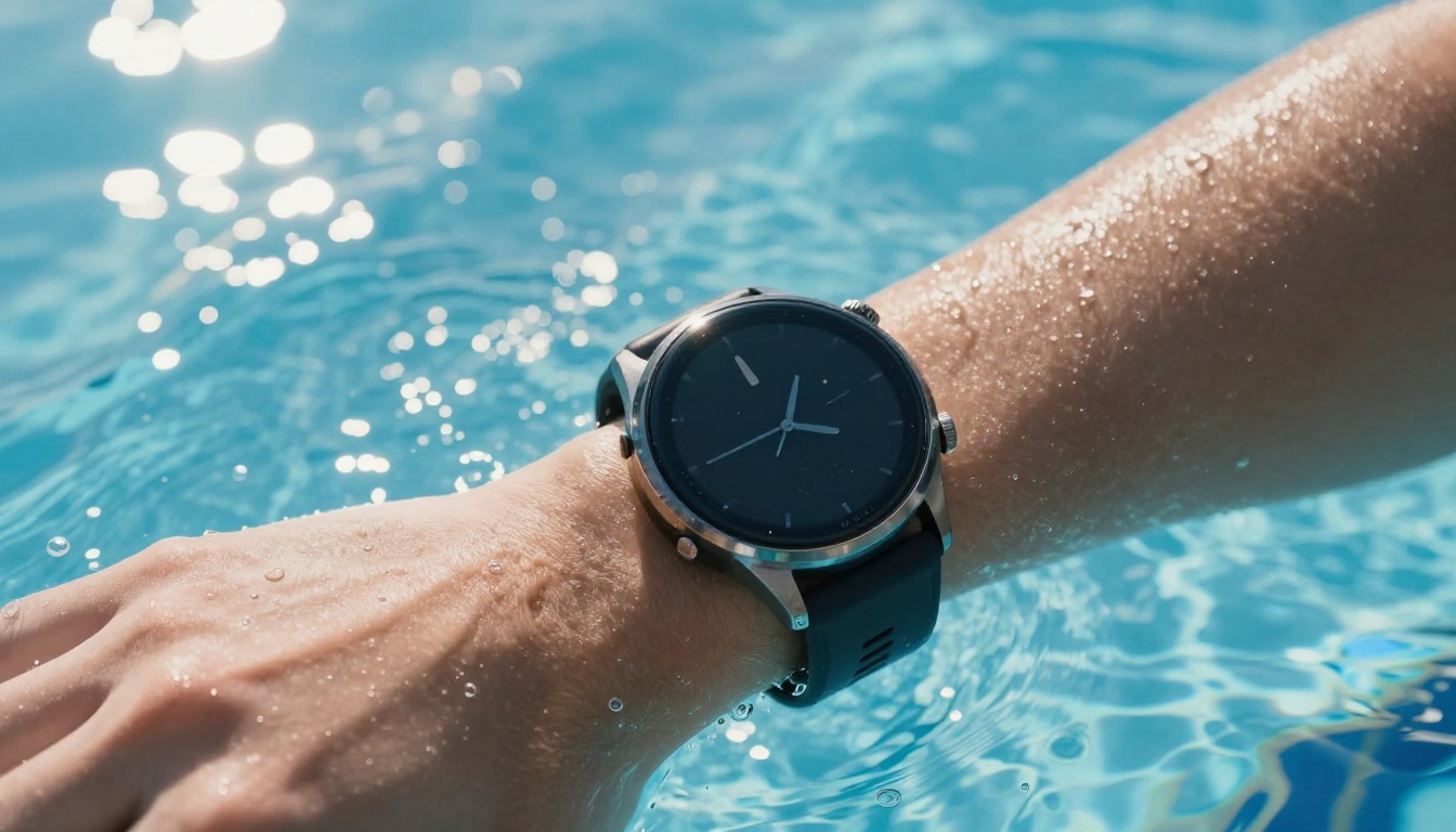 Smartwatch submerged in pool water
