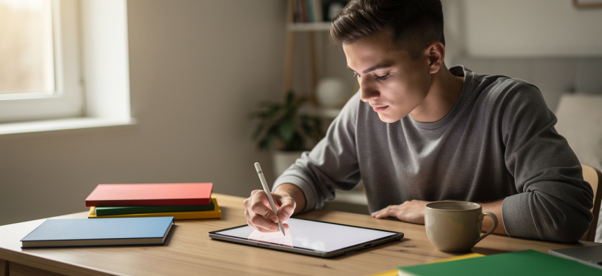 Student using stylus on tablet for digital notes