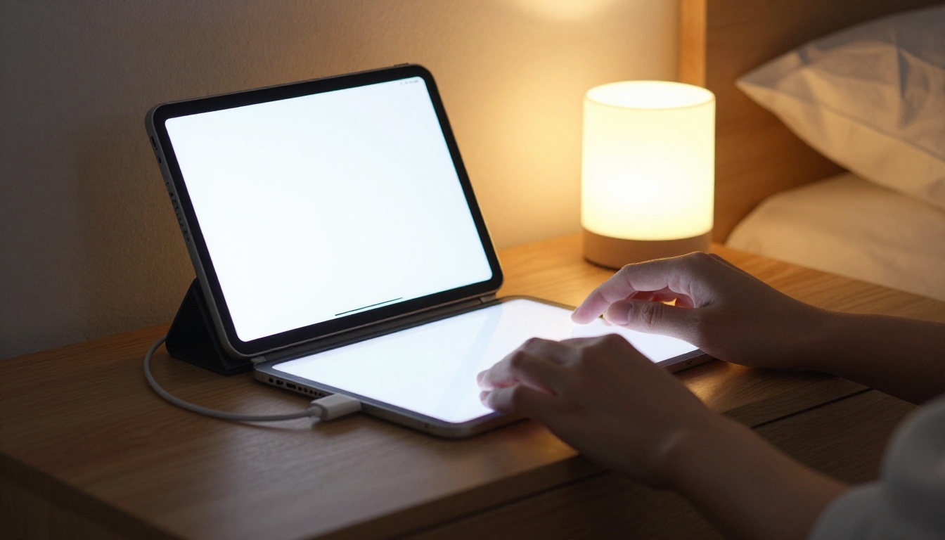 Tablet charging on a bedside table