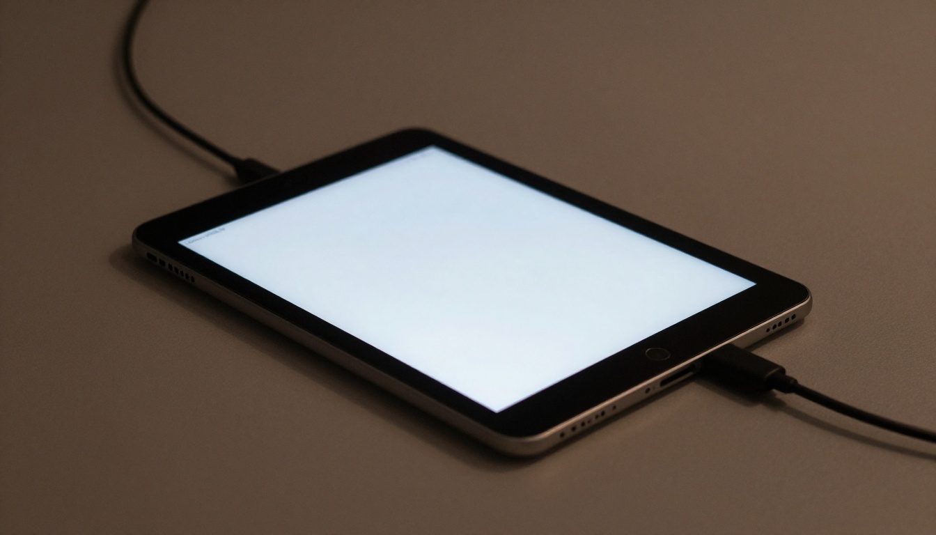 Tablet charging on a table in soft light