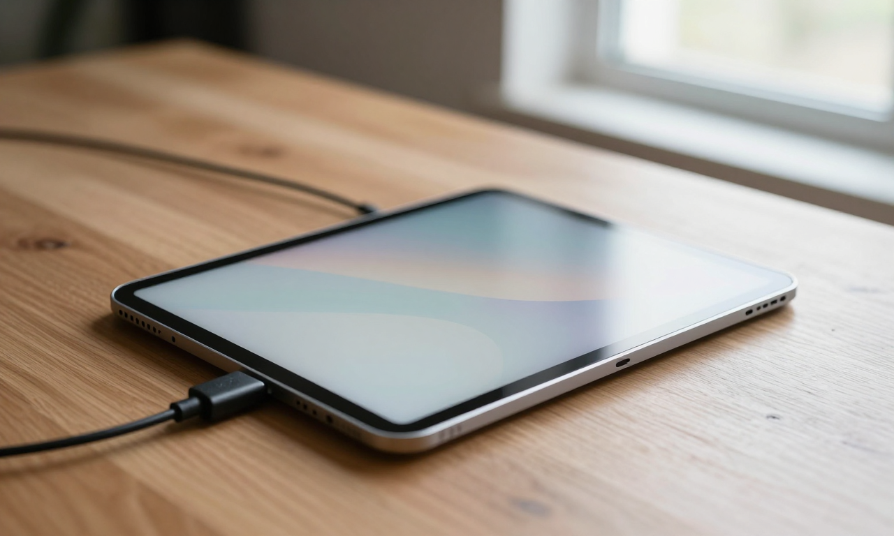 Tablet charging on wooden table