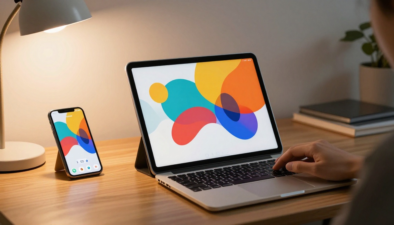 Tablet with abstract shapes near phone and laptop