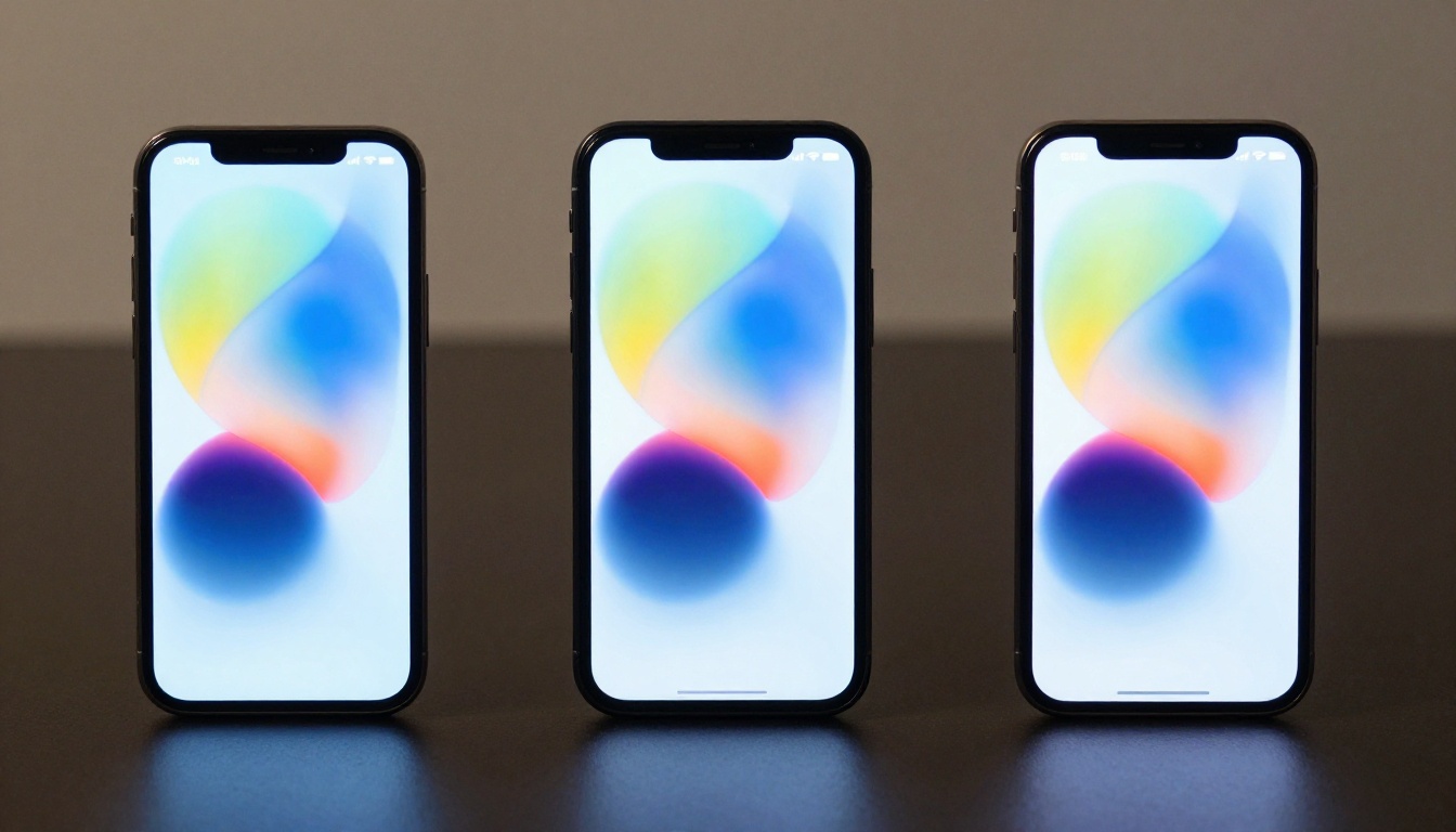 Three similar smartphones on a dark table