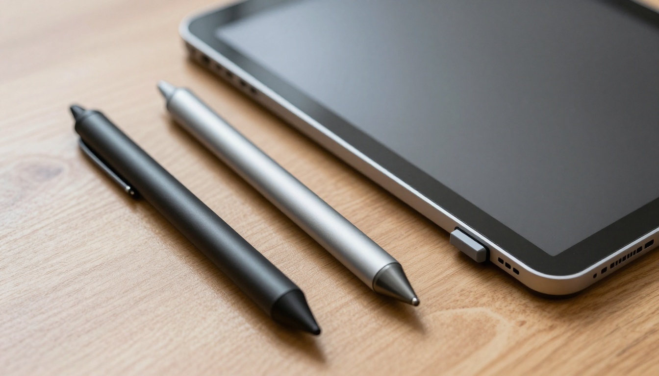 Three styluses next to a tablet