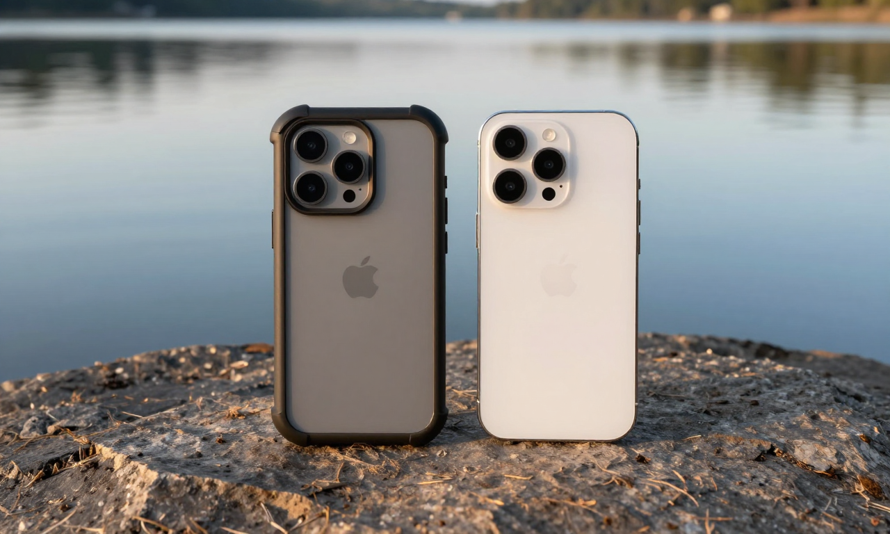 Two phones on a rock by a lake
