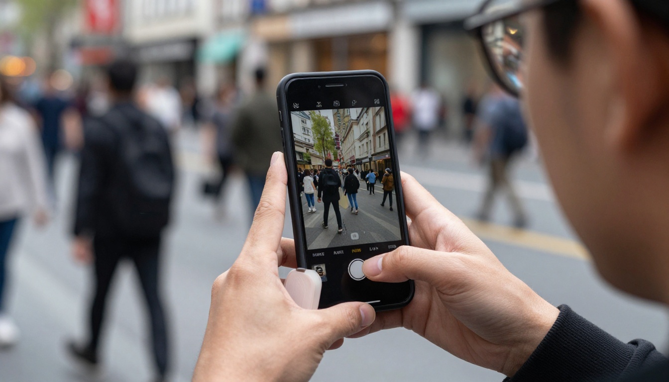 Smartphone recording video on a tripod in a city
