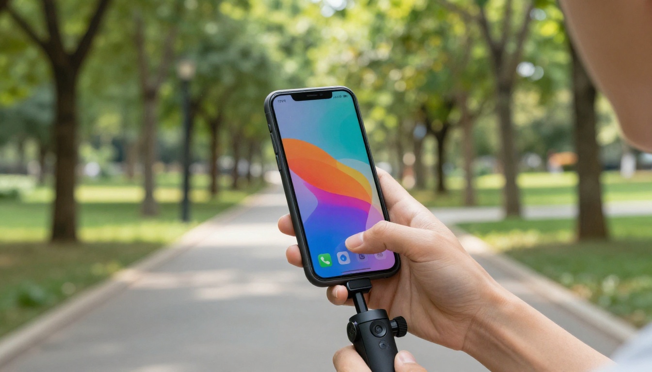 Vlogger using smartphone gimbal in a park