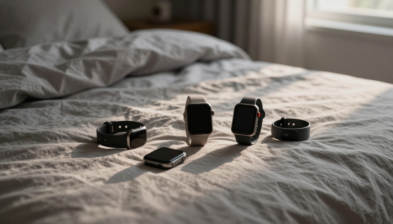 Various wearables on a nightstand for sleep tracking