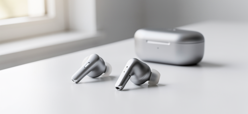 Wireless earbuds on a surface