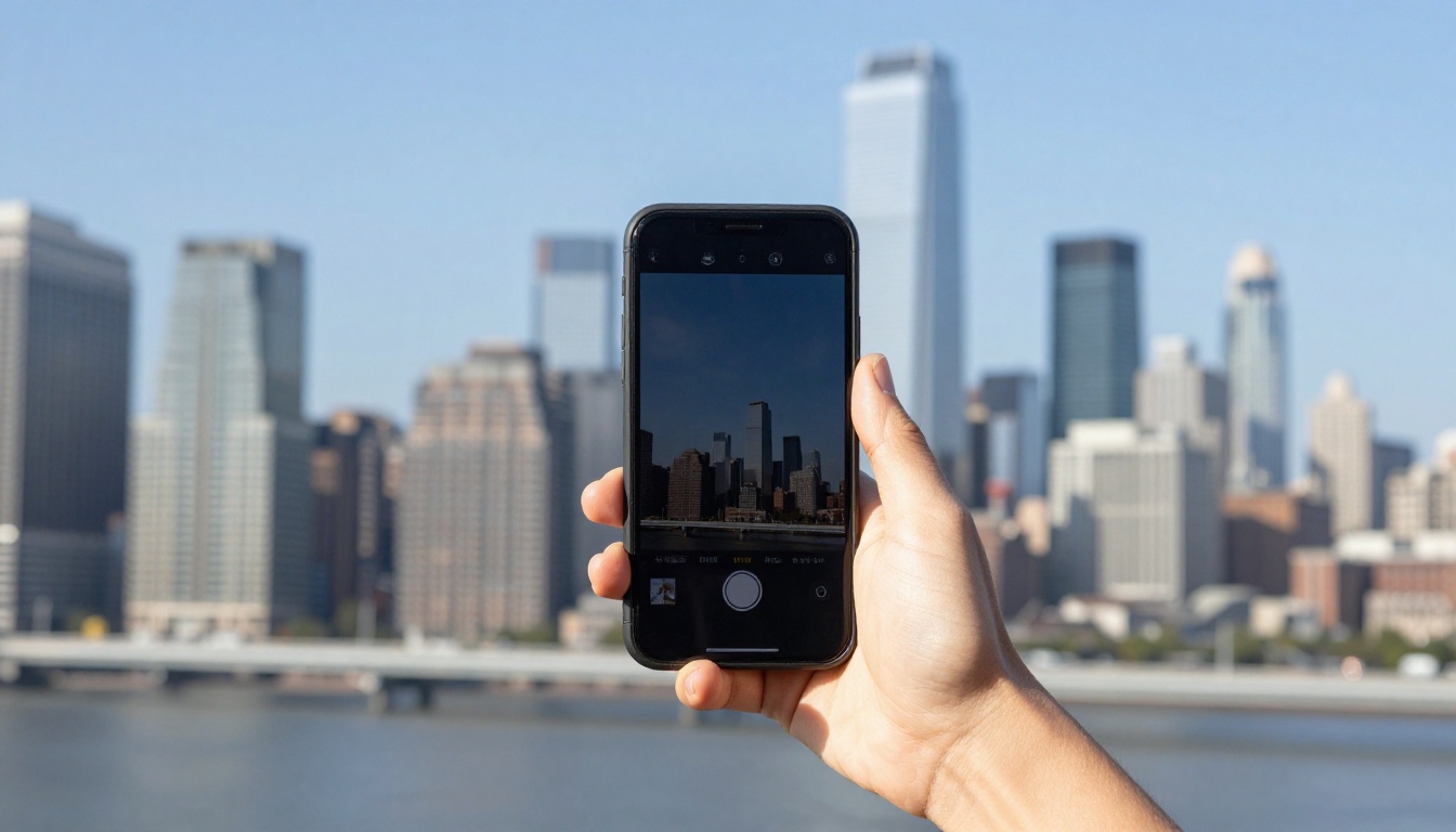 Smartphone zooming into a distant city skyline
